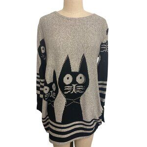 Vintage Gray Black Cat Print Sweater With Rhinestones Accents Novelty